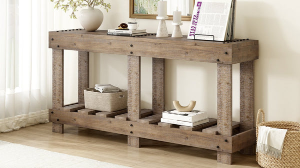 English Elm U_Style 62.9" Vintage Console Table - Solid Fir Wood, Antique Metal Rivets & Under-Shelf Storage Option N711P289135O-GIGA