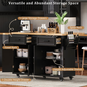 English Elm K&K 56.5" Kitchen Island with Drop Leaf, Embossed Vertical Stripe Barn Doors, Wheels & Charging Hub Black N707P263094B