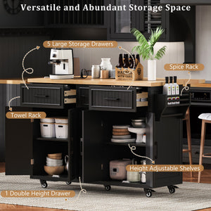 English Elm K&k Farmhouse Rolling Kitchen Island Drop Leaf Power Outlet Five Drawers Cabinet Storage Black N707S263094B
