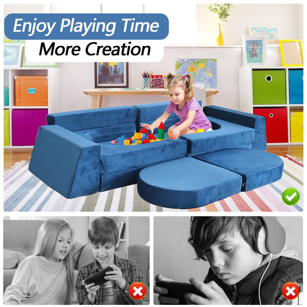 English Elm 12 Piece Modular Foam Play Couch Set Velvet Convertible Sofa Fort for Kids Playroom Blue T5880P493411