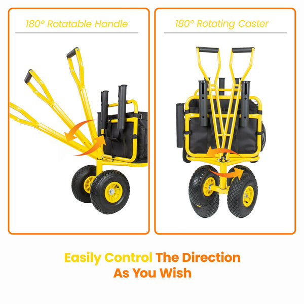 English Elm Fishing Beach Cart Collapsible Heavy Duty Wagon with All Terrain Wheels Rod Holders Yellow W2932P417636