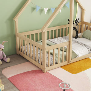 English Elm Twin Wood House-Shaped Floor Bed with Fence and Guardrails – Playful Pine Frame for Imaginative Kids Retreat Natural W504P143291