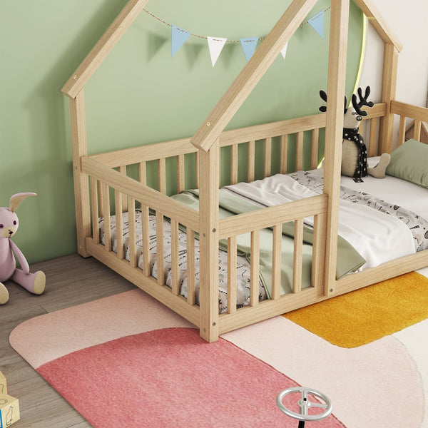 English Elm Twin Wood House-Shaped Floor Bed with Fence and Guardrails – Playful Pine Frame for Imaginative Kids Retreat Natural W504P143291