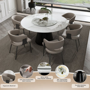 English Elm 59" Round 7-Piece Dining Set - Modern Faux Marble Table With Lazy Susan & 6 Pu Leather Chairs For Home W2700S00038