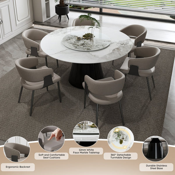 English Elm 59" Round 7-Piece Dining Set - Modern Faux Marble Table With Lazy Susan & 6 Pu Leather Chairs For Home W2700S00038