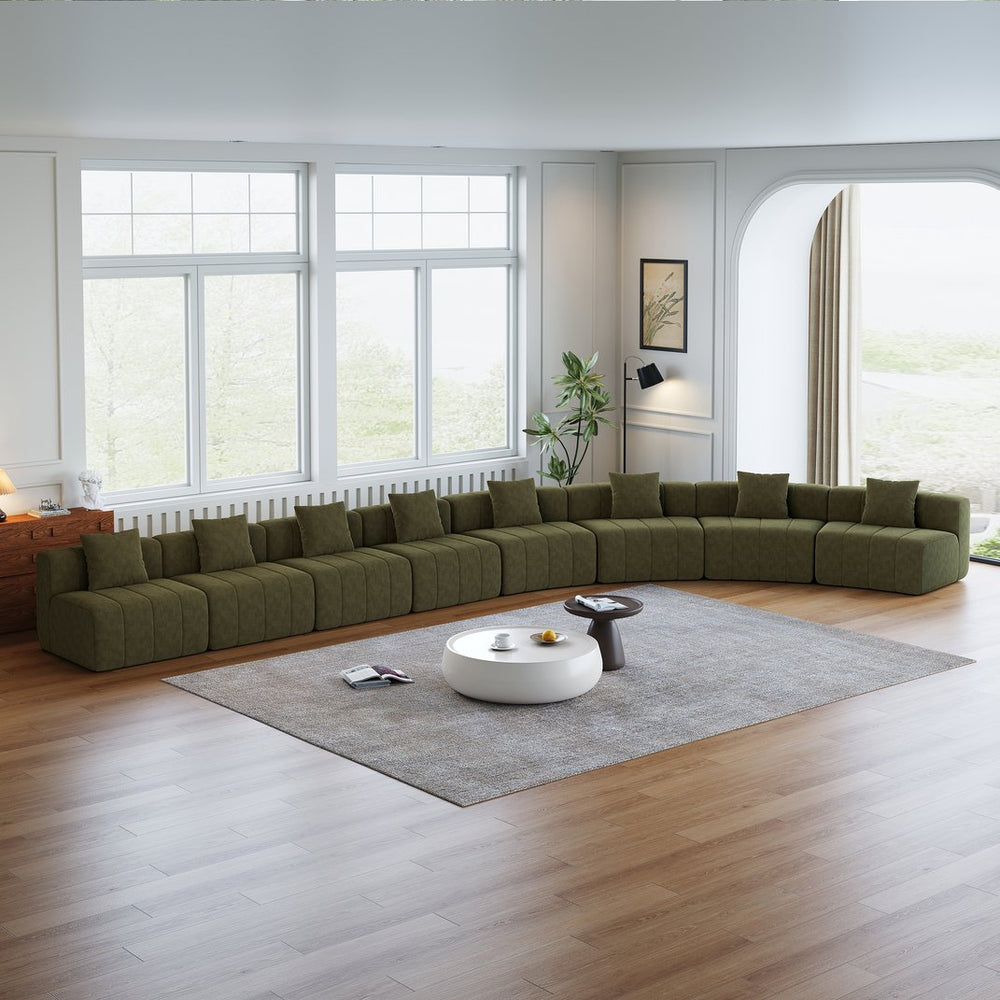 English Elm Four Curved Chenille Modular Sectional Sofa with Piano Key Seating and Eight Pillows Green W834S00590