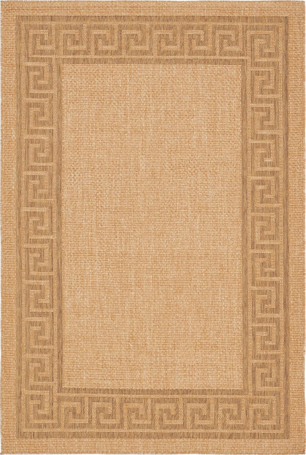 Unique Loom Outdoor Border Greek Key Machine Made Geometric Rug Light Brown, Light Brown/Tan/Brown 6' 1" x 9' 0"