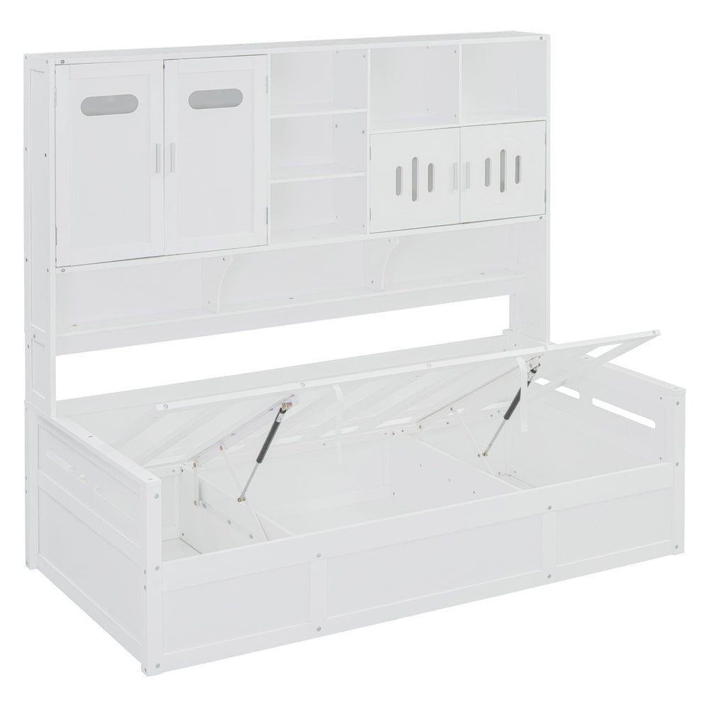 English Elm Twin Size Wooden Daybed With Hydraulic Lift & Integrated Cabinet For Smart Space-Saving Solutions N820S00046K-GIGA