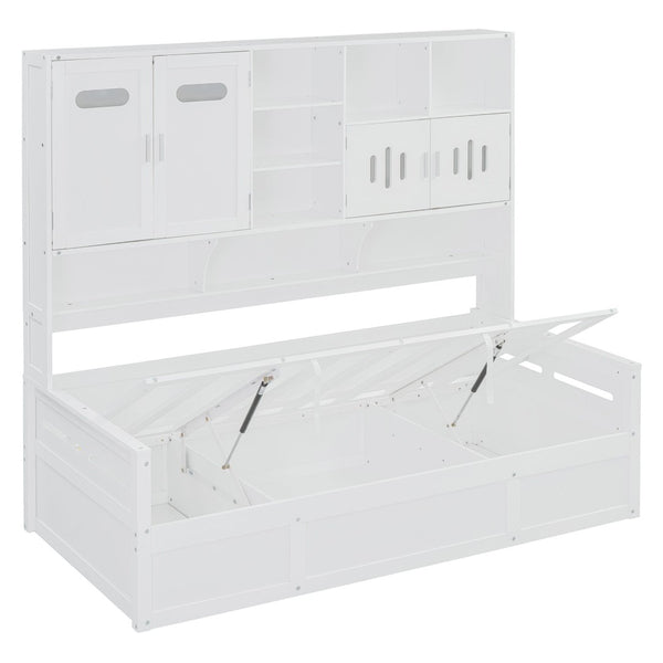 English Elm Twin Size Wooden Daybed With Hydraulic Lift & Integrated Cabinet For Smart Space-Saving Solutions N820S00046K-GIGA