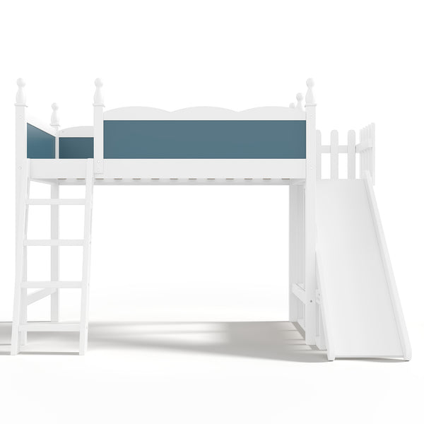 English Elm Twin Loft Bed Solid Pine Frame with Wardrobe Shelving Detachable Slide Kids Room White+Blue W5305S00019