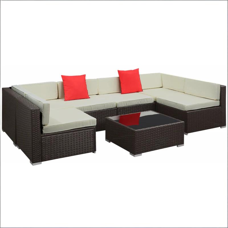 English Elm Rattan Outdoor Sectional Sofa Set Seven Piece Pe Wicker Patio Conversation Furniture T3971S00132