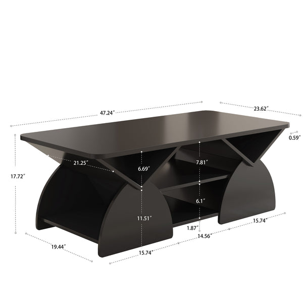 English Elm Engineered rounded corner rectangular coffee table with 6 cubbies, spacious tabletop, durable melamine finish Black W2899P372760