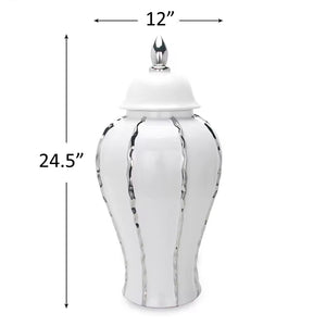 English Elm White Ceramic Ginger Jar With Elegant Silver Accent - Perfect For Modern Decor & Floral Arrangements B030P243613-GIGA
