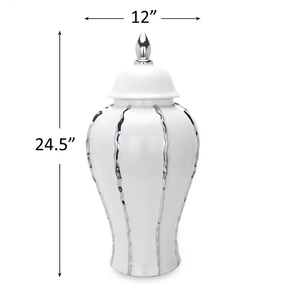 English Elm White Ceramic Ginger Jar With Elegant Silver Accent - Perfect For Modern Decor & Floral Arrangements B030P243613-GIGA