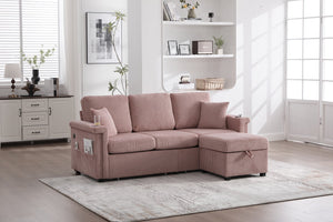 English Elm UNITED Corduroy L-Shaped Sectional Sofa with Storage Ottoman, USB Ports, Cup Holders & LED Lighting Pink W1568P332401