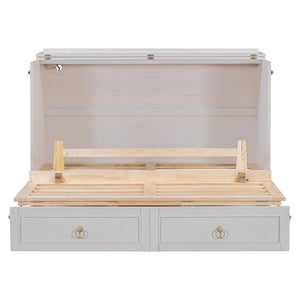 English Elm Queen Murphy Wall Bed with Rattan Panel Cabinet and Storage Drawers for Studio Rooms White LP000676AAK