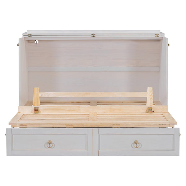 English Elm Queen Murphy Wall Bed with Rattan Panel Cabinet and Storage Drawers for Studio Rooms White LP000676AAK