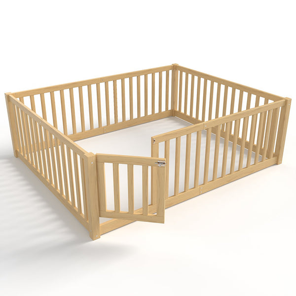 English Elm Twin Floor Bed Pine Wood Frame with Guardrails and Door for Safe Toddler Sleep Natural W1580P417671