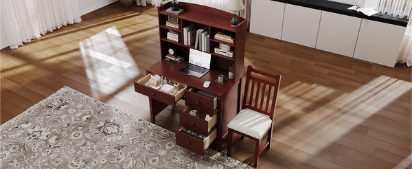 English Elm Vintage 40'' Home Executive Desk Set with Upholstered Chair and Built-In Bookshelf for Stylish Productivity Espresso 44 L x 23 W x 13.5 H N733P272894P