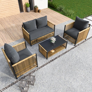 English Elm New Elegant 4-Piece Patio Sofa Set With Grey Cushions, Durable Pe Wicker, Tempered Glass Table W400S00047