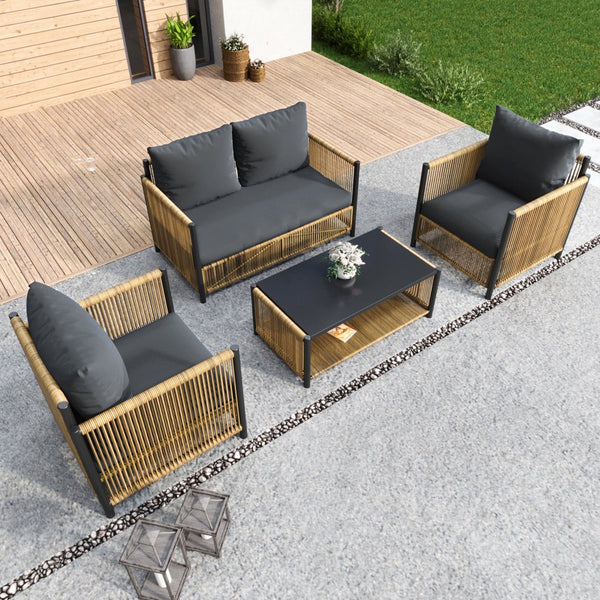 English Elm New Elegant 4-Piece Patio Sofa Set With Grey Cushions, Durable Pe Wicker, Tempered Glass Table W400S00047