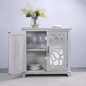 English Elm Elegant Mirrored Sideboard with Butterfly Carved Doors Wood Grain Finish Dining Storage Light Gray W2899P372740