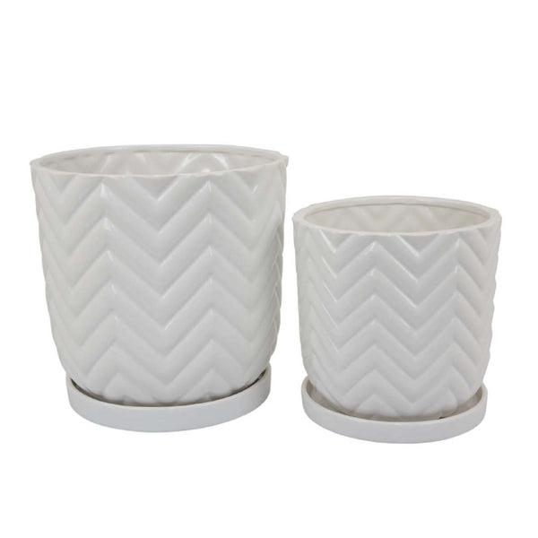 English Elm Camie White Ceramic Planter Duo with Saucers Chevron Texture Glossy Finish Indoor B056P417015