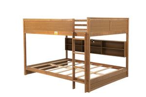 English Elm Queen Over Queen Floor Bunk Bed with Built-In Storage Shelves, USB Charging Station, Solid Pine Frame, Safety Rails and LadderDesigned for Space Saving and Modern Bedrooms Wheat W504S00259