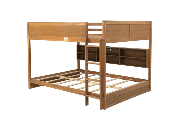 English Elm Queen Over Queen Floor Bunk Bed with Built-In Storage Shelves, USB Charging Station, Solid Pine Frame, Safety Rails and LadderDesigned for Space Saving and Modern Bedrooms Wheat W504S00259
