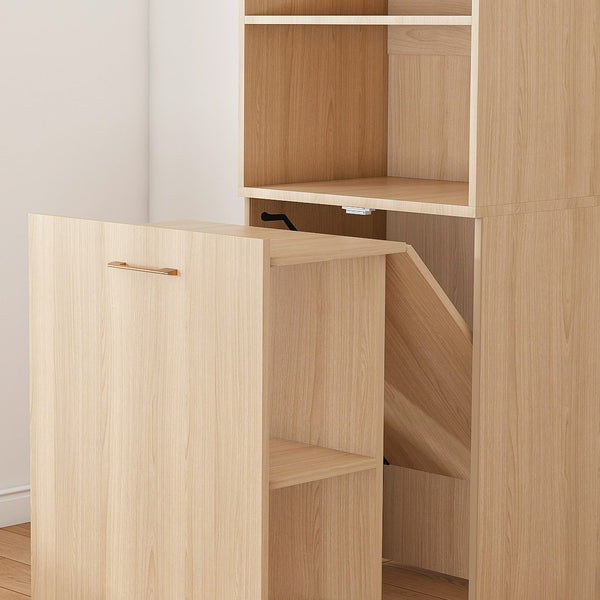 English Elm Stretchable expandable office desk with magnetic fold, lockable casters, adjustable shelves for storage and space-saving Natural Wood W509P355681