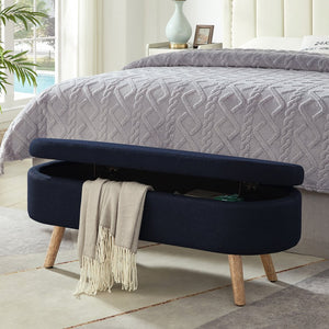 English Elm Luxury Boucle Oval Ottoman Bench with Hidden Storage Rubberwood Legs Entryway Seat Navy Blue W2186P430718