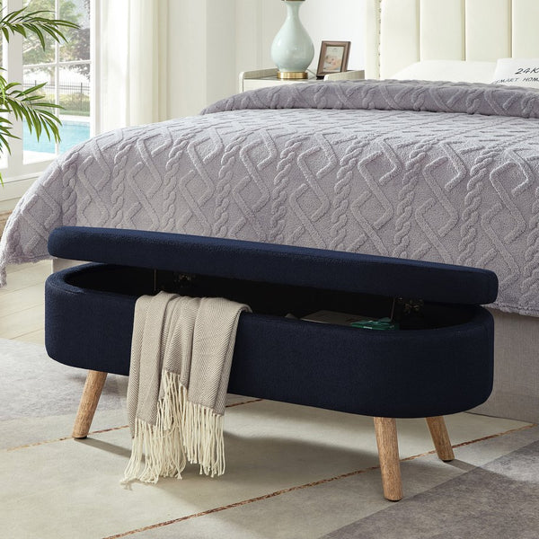 English Elm Luxury Boucle Oval Ottoman Bench with Hidden Storage Rubberwood Legs Entryway Seat Navy Blue W2186P430718