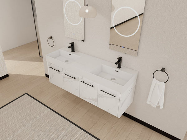 English Elm 60 Inch Wall-Mounted Bathroom Vanity With Double Resin Sinks, Modern Design, Storage & Style W999S00254