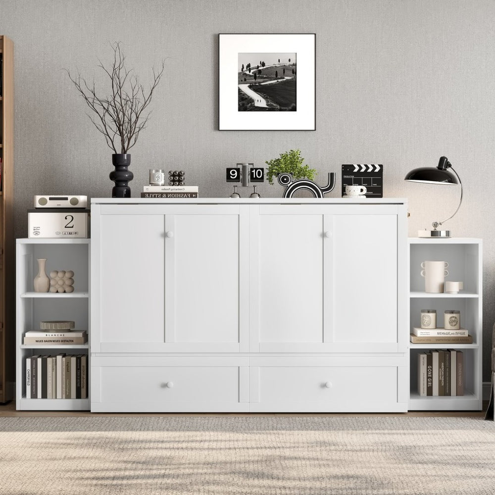 English Elm Queen Murphy Bed With Storage Drawers & Shelves - Space-Saving Design For Modern Guest Rooms W1580S00255-GIGA