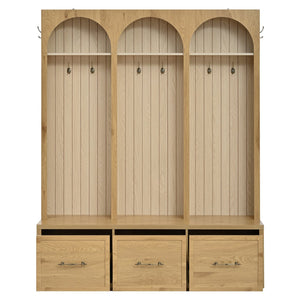 English Elm Farmhouse Hall Tree with Triple Arch Back Panel Eight Hooks Drawers and Entryway Bench N721S000071L
