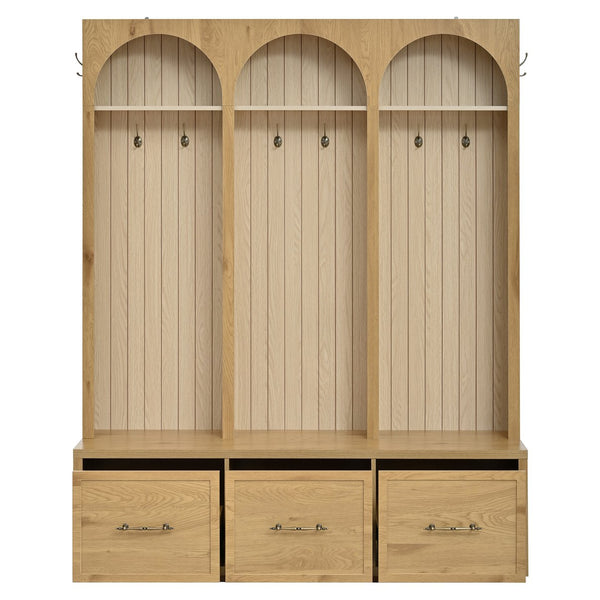 English Elm Farmhouse Hall Tree with Triple Arch Back Panel Eight Hooks Drawers and Entryway Bench N721S000071L