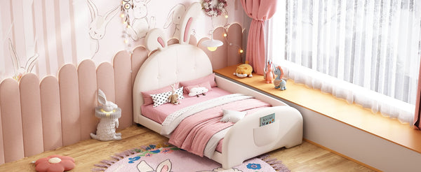 English Elm Twin Rabbit-Shape Upholstered Princess Bed with Headboard & Footboard, Sturdy Slat Platform, Durable MDF Frame White 42.91 L x 34.65 W x 6.5 H N733P198764K