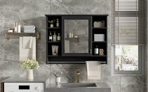 English Elm 3-in-1 Wall Mounted Medicine Cabinet with Soft Close Door Towel Bar and Vanity Mirror Black N710P358618B