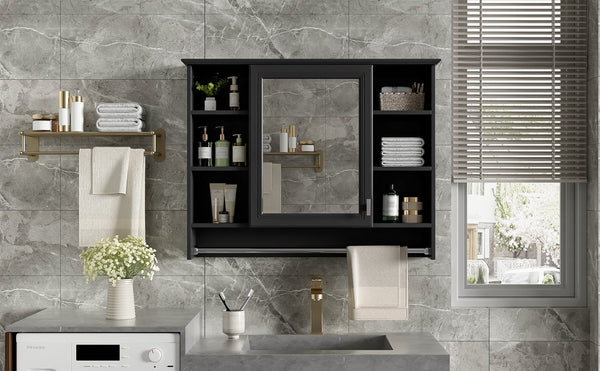 English Elm 3-in-1 Wall Mounted Medicine Cabinet with Soft Close Door Towel Bar and Vanity Mirror Black N710P358618B