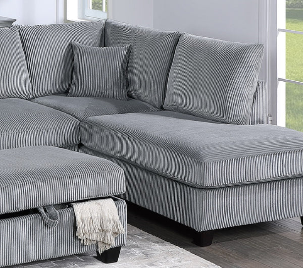English Elm Contemporary 3pc Sectional Set with USB Charging, Corduroy Upholstery, Storage Ottoman & Pillows Fog 77 L x 35 W x 17 H B011S01239