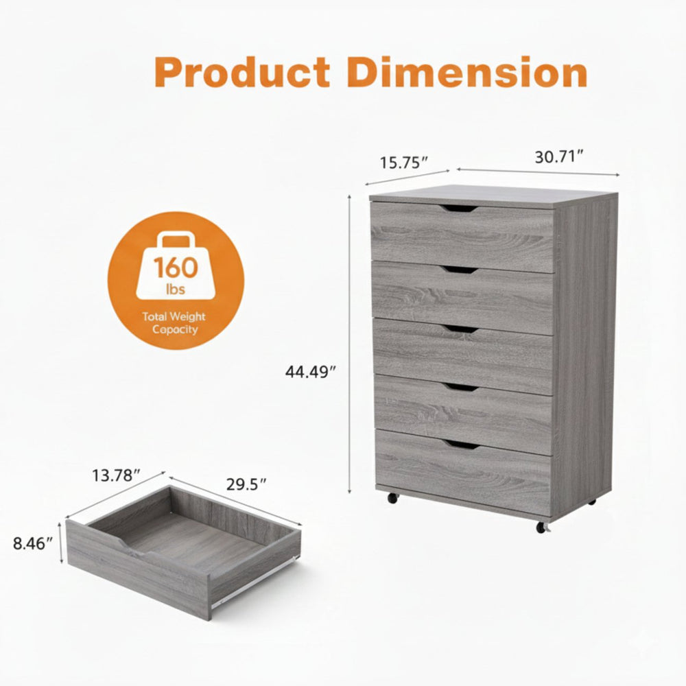 English Elm Gray Rolling Dresser with Five Deep Drawers Locking Casters Modern Slim Profile B372P416594