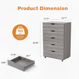 English Elm Gray Rolling Dresser with Five Deep Drawers Locking Casters Modern Slim Profile B372P416594