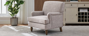 English Elm Vintage Linen Armchair with Rolled Arms and Turned Wood Legs — Plush Cushions, Sturdy Support, Timeless Accent for Living Spaces Coffee 29.84 L x 29.5 W x 18.42 H N701P326070N
