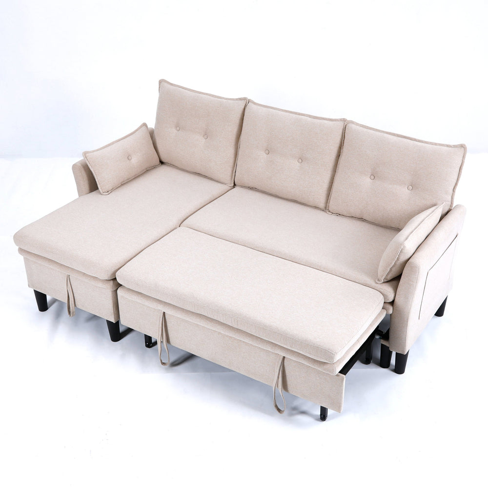 English Elm L-Shaped Reversible Chaise Sectional Sofa with Storage and Fold-Out Bed Cotton-Linen Modern Design Beige W3371S00024