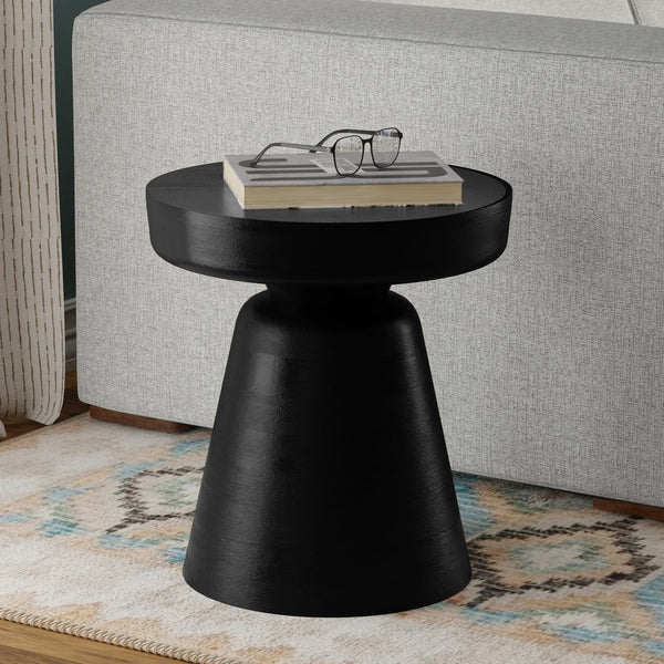 English Elm Robbie Solid Mango Wood Round Accent Table Sculptural Black Stain Bohemian Decor B136P419899