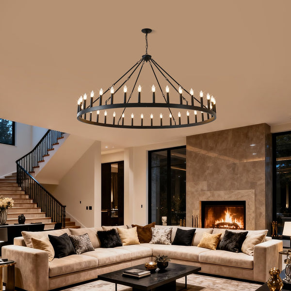 English Elm 63.8 Inch 36-light Wagon Wheel Chandelier Matte Black Farmhouse Fixture for High Ceilings W5008P388929