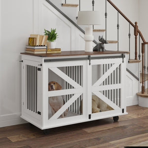 English Elm 47.2" Double Dog Crate Farmhouse Console with Rolling Casters and Barn Doors W2557P330269