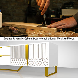 English Elm TV Console Carved Front with Metal Legs – Modern Entertainment Center, High-Capacity Storage Design White W1701P164322
