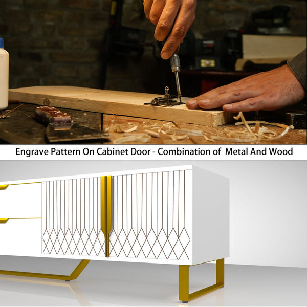 English Elm TV Console Carved Front with Metal Legs – Modern Entertainment Center, High-Capacity Storage Design White W1701P164322