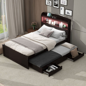 English Elm Twin XL Platform Bed with LED Headboard, Built-In Charging Station, Trundle & 2 Drawers for Space-Saving Bedrooms Dark Brown GX001829AAP